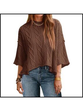 Cable Knit Cropped Sweater Oversized 3/4 Sleeve Crew Neck Pullover